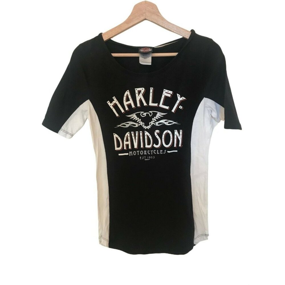 Harley Davidson Black and White Short Elbow Sleeve Blouse T Shirt Women's Small